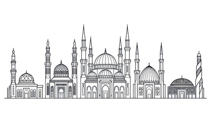 Obraz premium Line art outline of various mosque structures.