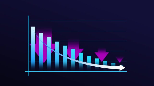 Revenue decline chart animation drops on dark grids. Corporate revenue decline chart animation tracks market recession. Modern revenue decline chart animation details losses.