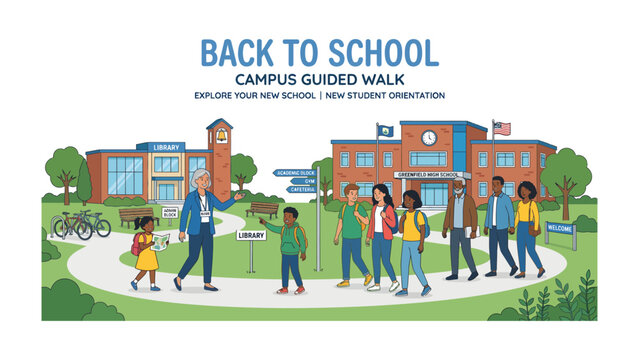 Campus Guided Walk: A welcoming scene depicting a guided tour on a school campus, with students and a guide exploring new surroundings, ready for new learning adventures.