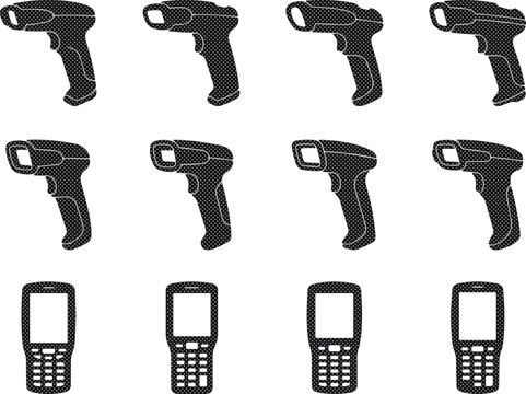 Barcode scanner and mobile computer vector icons, a collection of 12 black silhouette devices for retail, logistics, and inventory management, modern technology symbols for business and industry.