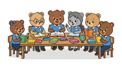 Bear Cub Classroom: A group of adorable bear cubs, dressed in uniforms, sit around a wooden table, engrossed in their studies with books and a globe, learning together in a charming classroom setting. © Rokaiya