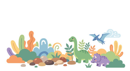 Cute green, purple, and blue cartoon dinosaurs wander through a colorful prehistoric landscape filled with whimsical plants and smooth river stones. © Regina