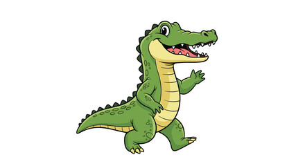 Naklejka premium Friendly green crocodile with a big smile and sharp teeth walks on two legs in a playful cartoon character illustration.