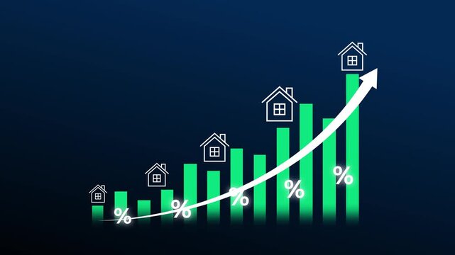 Housing market chart animation rises on dark grids. Corporate housing market chart animation tracks neighborhood wealth. Modern housing market chart animation details inflation.