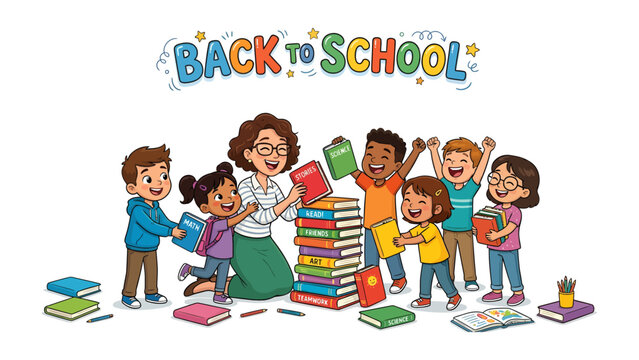 Back to School Joy: A cheerful teacher guides her diverse group of eager students, surrounded by colorful books and school supplies, celebrating the start of a new academic year.