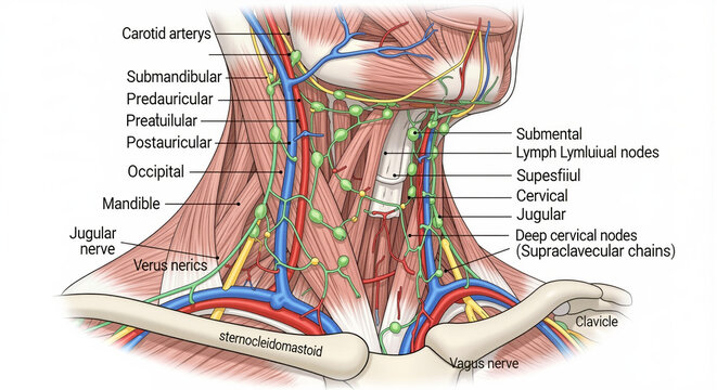 Detailed anatomical diagram of human neck showcasing lymph nodes arteries veins and nerves in the submandibular and jugular regions for medical education purposes effectively.