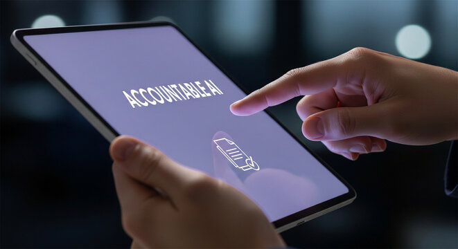 Accountable AI concept on digital tablet screen, hands holding touch screen device with artificial intelligence ethics text, modern business technology background