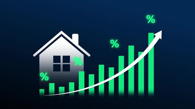 Real estate graph animation rises on dark grid frames. Corporate real estate graph animation tracks property sales. Modern real estate graph animation details home trends.