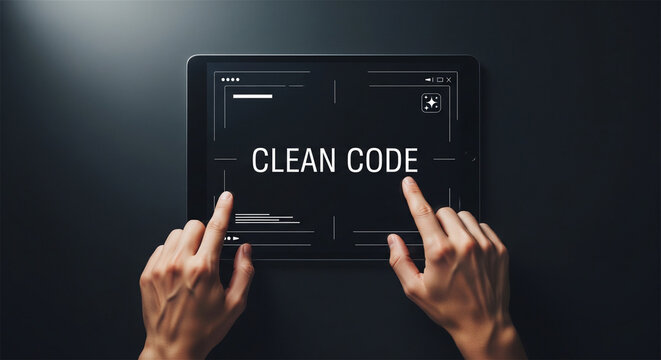 Clean code concept on digital tablet screen, software developer hands working on programming interface, modern coding standards and web development