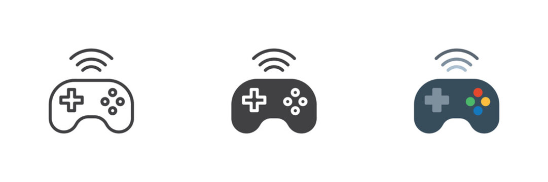 Wireless gamepad icon in line, solid and flat style icon set. Color and colorful vector sign, symbol for wireless console control and gamepad icon.