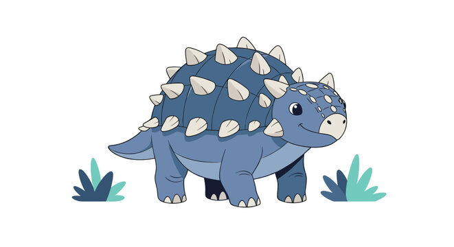Armored ankylosaurus dinosaur with a club tail and bony plates standing on a white background with grass.