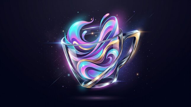 A futuristic 3D glass cup with exploding iridescent liquid splashes