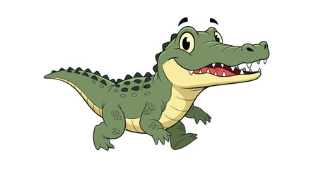 Fototapeta premium Happy green cartoon crocodile walking with a big smile and open mouth on a white background.