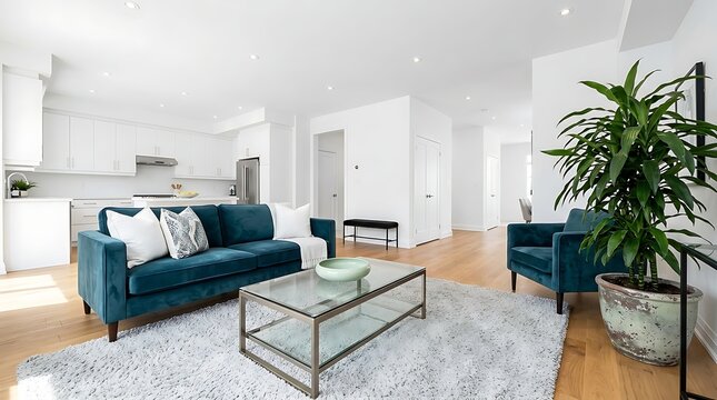 Modern open concept living room interior with a teal velvet sofa, glass coffee table, and a large indoor plant in a bright, minimalist home design