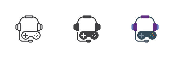 Gaming headphones and joystick icon set shows headset with gamepad in line, solid, flat colorful icon styles. Color vector sign and esports symbol for play. © alekseyvanin