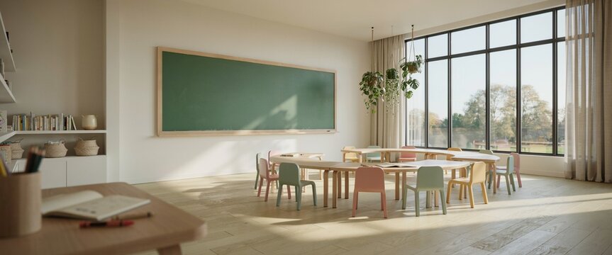 Luxury Biophilic Kids Classroom Interior with Blank Green Board - Modern Private Elementary School Room with Natural Light, Plants, and Wooden Furniture