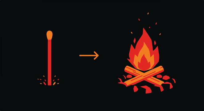 Minimalist vector illustration showing a single matchstick sparking a bright campfire sequence on a solid black background conveying the powerful concept of ignition and starting a new creative projec