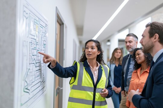 A professional woman in a high-visibility vest points to an evacuation floor plan map during a calm safety briefing in a bright office corridor for workplace training