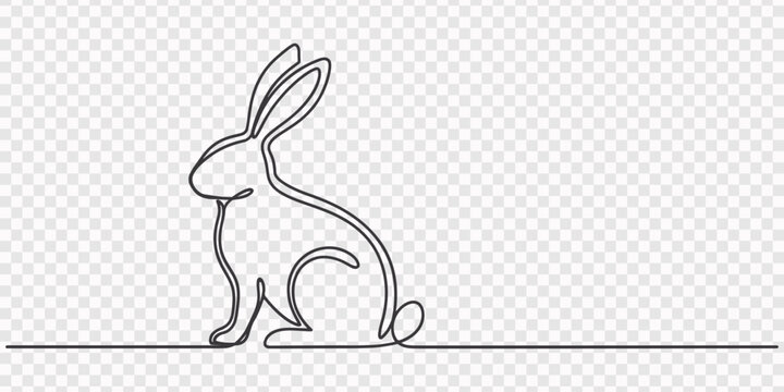 Elegant rabbit portrayal in a continuous single flowing line drawing style on white plain backdrop, Easter rabbit sitting next to three patterned easter eggs in one line style easter bunny continuous 