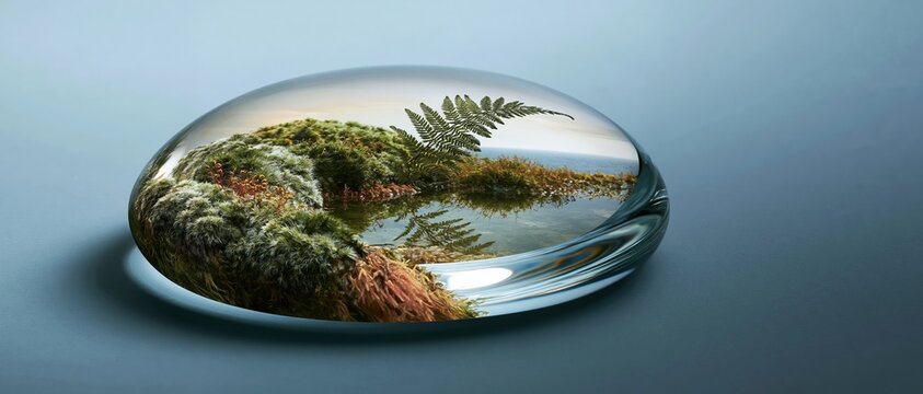 A single clear water droplet containing a miniature wetland ecosystem with lush moss and a green fern rests on a glossy surface for nature and sustainability concepts