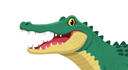 Obraz premium Close up profile view of a green crocodile with its mouth open showing sharp teeth in a detailed character illustration.