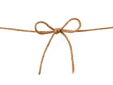 Rustic brown twine bow tied on thin string isolated on white background with isolated packaging decoration close-up material