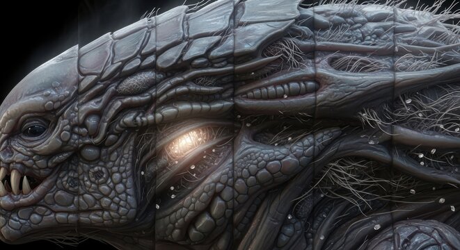 A monstrous creature with sharp teeth and glowing eye emerges from dark space.