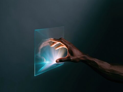 Close up of a masculine hand with brown skin interactng with a glowing cyan digital interface for tech and software mockups