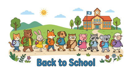Fototapeta premium Back to School Animal Parade: A whimsical procession of anthropomorphic animal students, each with a backpack, walks towards a charming school building under a sunny sky.