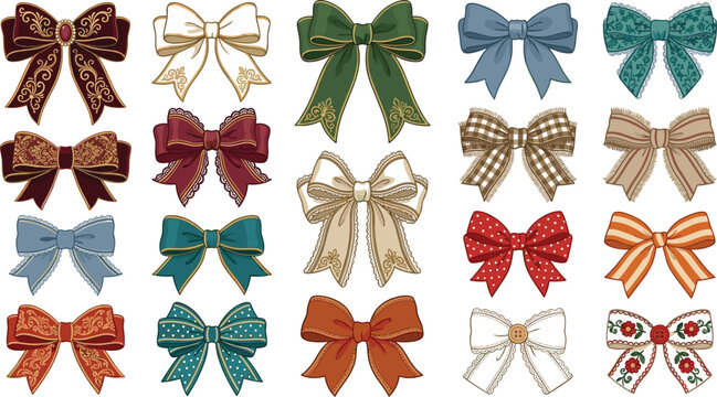 Elegant vintage ornamental ribbon bow vector set featuring classic damask tapestry embroidery gold filigree and plaid textile patterns for luxury christmas holiday card designs