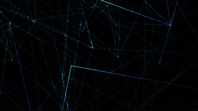 Abstract polygonal background from lines, dots and glowing particles with plexus effect. Artificial intelligence connectivity or technology concept. Digital vector mesh illustration in dark blue