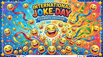 Fototapeta premium International Joke Day Celebration with Smiling Emoticons and Colorful Confetti Background