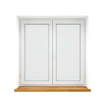 A white double-pane window frame with clear glass and a natural wooden sill, isolated on a white background, for construction and, home renovation
