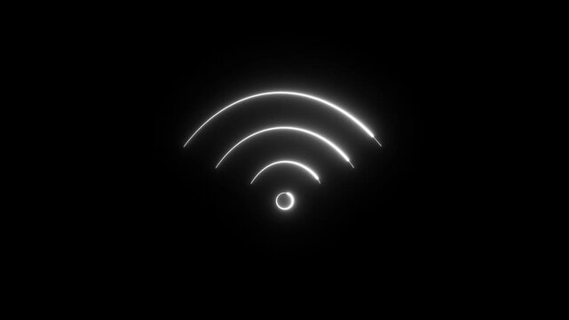 Wi-Fi signal icon, waves emanate from the source, effect of glowing neon tubes on a dark background.