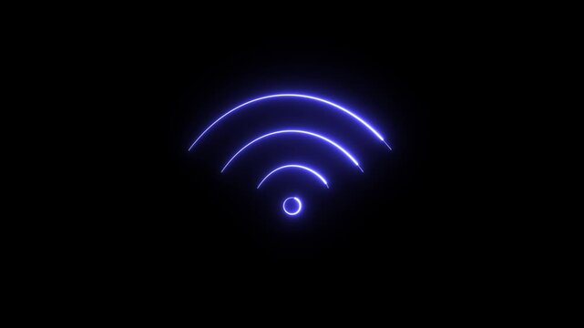 Wi-Fi signal icon, waves emanate from the source, effect of glowing neon tubes on a dark background.