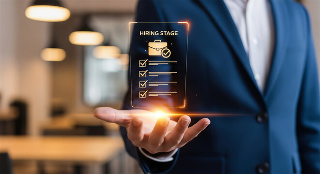 Hiring stage digital interface, businessman holding virtual recruitment checklist, human resources management and talent acquisition concept