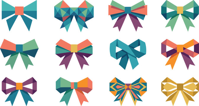 Geometric low poly ribbon bow vector set featuring abstract polygonal crystal facets and colorful 3D shapes for modern technology corporate branding designs