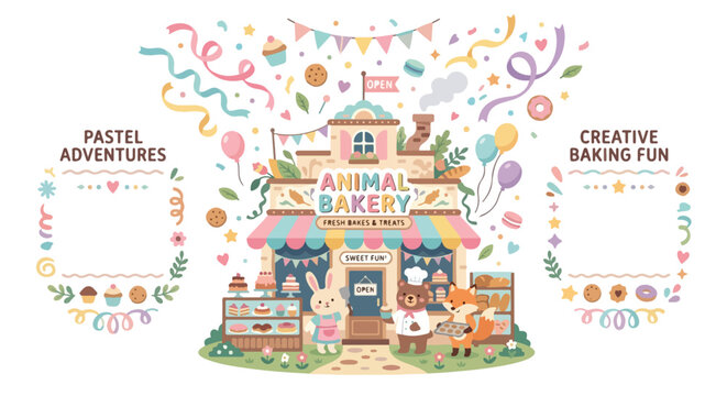 A whimsical vector illustration featuring a charming animal bakery with a rabbit, bear, and fox surrounded by colorful treats and party decor.