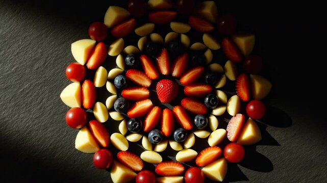 Hand places piece into circular fruit and cheese centerpiece mid frame
