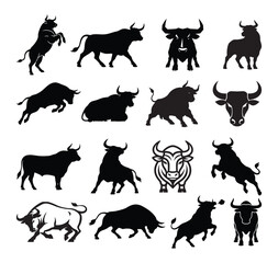 Obraz premium Bull Silhouette Vector Set - Charging Bull Logos and Mascot Icons Collection