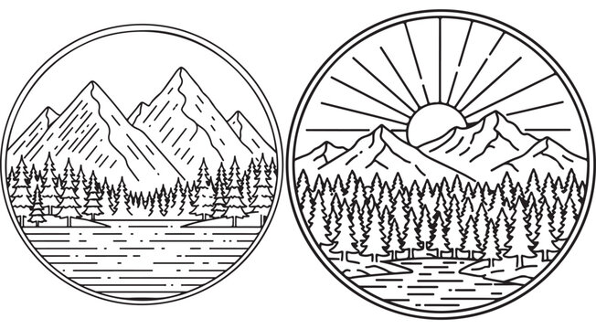 Mountain landscape line art illustrations in circular frames with pine forests peaks sun rays and water for outdoor adventure branding