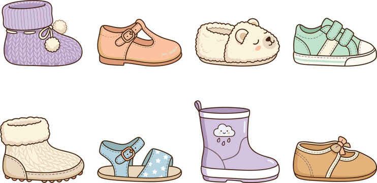 Cute baby shoes set with cartoon toddler sneakers boots sandals and slippers vector