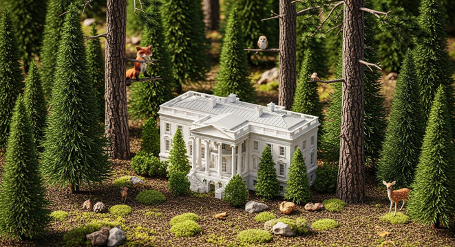 Miniature white house model surrounded by lush greenery and wildlife in a serene forest setting with trees and animals.