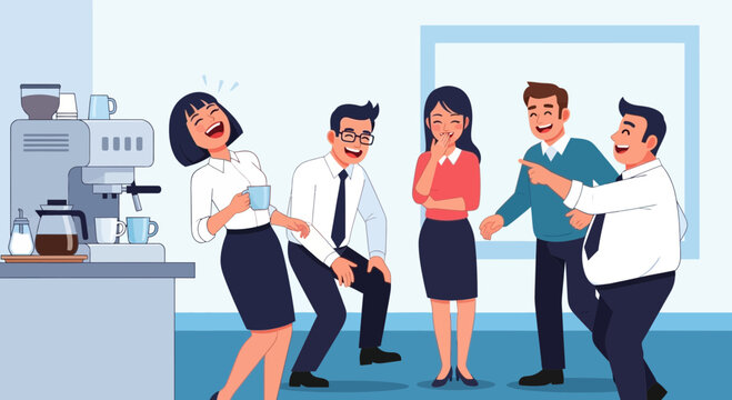 Office colleagues laughing together during coffee break, team bonding and workplace fun