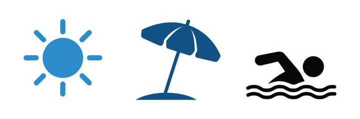 Fototapeta premium Beach holiday icon collection showcasing sun, umbrella, and swimmer symbols representing summer recreation, relaxation, and coastal activities.
