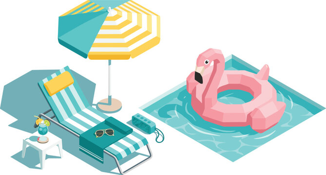 Isometric summer swimming pool scene with lounge chair sun umbrella and flamingo float vector