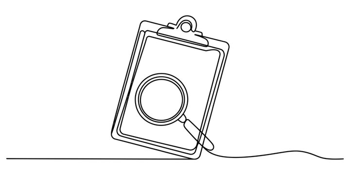 Continuous single line drawing of a clipboard with a magnifying glass for business audit and document inspection concept Vector, illustration