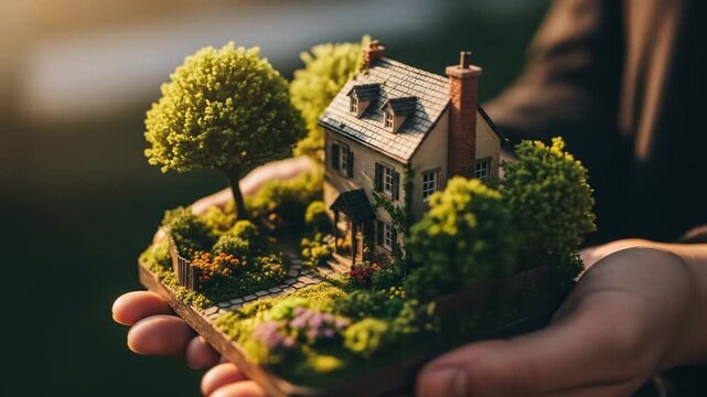 Dream Home in Hand Miniature House Model with Garden at Golden Hour Light.