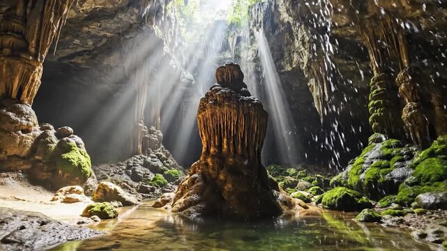 Sunlight beams through a limestone cave with stalactites