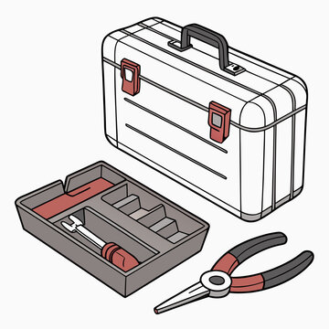 Closed toolbox with tray and pliers next to it home improvement line art black and white equipment maintenance mechanic construction industry collection organized compartment illustration